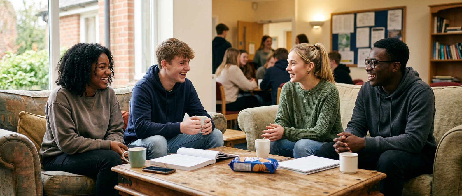 Students together in a sixth-form common room, a close-contact setting