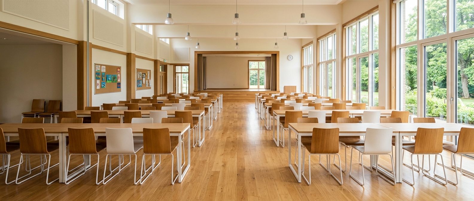 A bright school hall set up for a scheduled on-site clinic