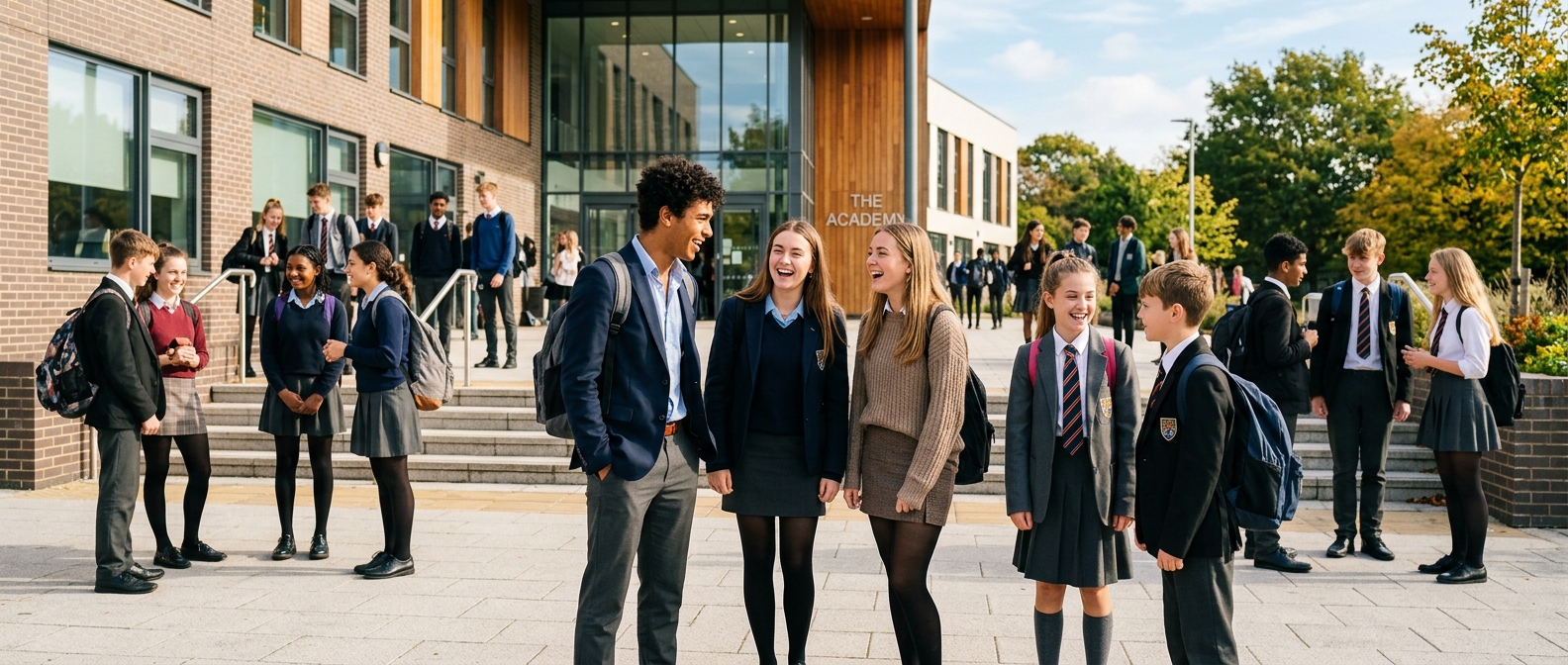 Secondary school and sixth-form students outside a UK school