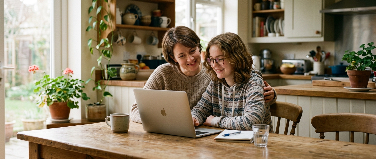 A parent and teenager checking MenB vaccine eligibility at home